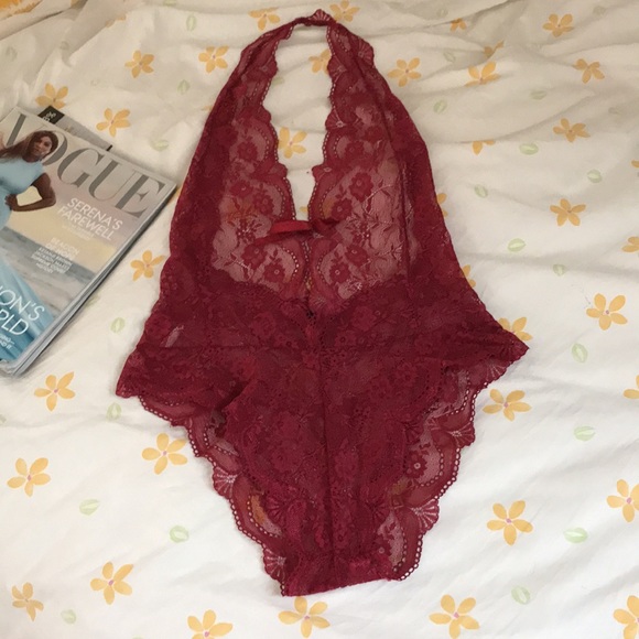 Avid Love sz Small lace bodysuit Haler top scalloped edge deep wine red sheer - Picture 9 of 13